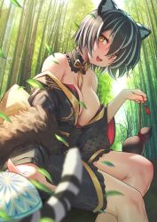 Rule 34 | 1girl, animal ears, bamboo, bamboo forest, blurry, blurry foreground, blush, breasts, collar, commentary request, depth of field, fang, feet out of frame, forest, gourd, highres, holding, japanese clothes, kimono, large breasts, leaf, looking at viewer, miyabi (dream c club gogo.), multicolored hair, nature, neck ribbon, off shoulder, open mouth, original, outdoors, partial commentary, ribbon, scenery, short hair, sitting, slit pupils, solar (happymonk), solo, streaked hair, tail, thick eyebrows, thighs, yellow eyes, yellow ribbon