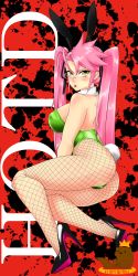 Rule 34 | 1girl, absurdres, animal ears, ass, bare shoulders, blush, breasts, el rey nutria, fake animal ears, full body, glasses, high heels, highres, highschool of the dead, large breasts, leotard, long hair, looking at viewer, looking back, lying, on side, pink hair, playboy bunny, rabbit ears, rabbit tail, shiny clothes, shiny skin, sideboob, solo, tail, takagi saya, tongue, tongue out, translated, twintails, very long hair