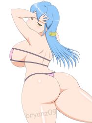 Rule 34 | 1girl, ass, bare shoulders, bikini, blue hair, breasts, bryanz09, cardfight!! vanguard, from behind, gillian chen, highres, huge ass, huge breasts, long hair, looking at viewer, shiny skin, sideboob, solo, swimsuit, thong, thong bikini, yellow eyes