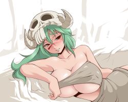 Rule 34 | 00s, 1girl, arrancar, bleach, breasts, cleavage, facial mark, green hair, hip focus, hollow (bleach), huge breasts, long hair, lying, nelliel tu odelschwanck, noise (lesion949), non-web source, number tattoo, on side, scar, skull, solo, tattoo, torn clothes, underboob, wallpaper, wide hips, yellow eyes
