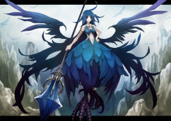 Rule 34 | 1girl, blue hair, gigandal federation, harpy, highres, monster girl, mountain, pixiv fantasia, pixiv fantasia 3, polearm, sachi (pixiv), sachi (yumemayoi), solo, talons, weapon, wings
