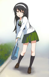 Rule 34 | 10s, 1girl, a1 (initial-g), bag, bags under eyes, black hair, black socks, brown eyes, brown footwear, bush, collarbone, d:, full body, girls und panzer, green skirt, hairband, highres, holding, holding bag, kneehighs, leaning to the side, loafers, long sleeves, looking at viewer, ooarai school uniform, open mouth, parted lips, pleated skirt, reizei mako, school bag, school uniform, shirt, shoes, skirt, socks, solo, squinting, standing, white shirt