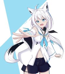 Rule 34 | 1girl, ahoge, animal ear fluff, animal ears, black shorts, blue neckerchief, blush, breasts, detached sleeves, fox ears, fox girl, fox tail, green eyes, hair between eyes, highres, hololive, hood, hoodie, long hair, looking at viewer, midriff, navel, neckerchief, open hand, open mouth, outstretched arm, pentagram, ryzel sy, shirakami fubuki, shirakami fubuki (1st costume), shorts, sidelocks, simple background, small breasts, solo, tail, virtual youtuber, white hair, white hoodie