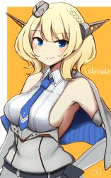 Rule 34 | 1girl, bare shoulders, blonde hair, blue eyes, blue necktie, blush, braid, breasts, capelet, character name, colorado (kancolle), dot nose, dress, elbow gloves, garrison cap, gloves, hat, headgear, highres, kantai collection, large breasts, looking at viewer, ma rukan, medium breasts, mini hat, necktie, short hair, sideboob, signature, sleeveless, smile, solo