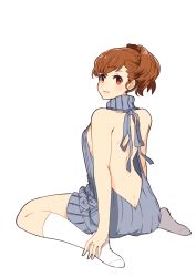 Rule 34 | 1girl, ai-wa, ass, atlus, backless outfit, bare back, bare shoulders, breasts, brown hair, butt crack, dress, full body, highres, kneeling, looking at viewer, looking back, megami tensei, meme attire, persona, persona 3, persona 3 portable, ponytail, red eyes, shin megami tensei, shiomi kotone, shoulder blades, sideboob, sitting, smile, socks, solo, sweater, sweater dress, turtleneck, virgin killer sweater, wariza