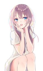 Rule 34 | 1girl, blue eyes, blush, brown hair, commentary, feet out of frame, hair over shoulder, head on hand, head rest, hyakunin momoko, long hair, looking at viewer, open mouth, original, simple background, sitting, smile, solo, tareme, white background