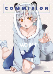 Rule 34 | 1boy, animal ear fluff, animal ears, arm support, commentary request, commission, fingernails, fur trim, grey hair, grey jacket, grey socks, grey tail, hair between eyes, hand up, hood, hood up, jacket, light brown background, long sleeves, looking at viewer, male focus, no shoes, on ground, open mouth, orange eyes, original, parted bangs, potti-p, sharp fingernails, sidelocks, sitting, skeb commission, sleeves past wrists, socks, solo, striped clothes, striped socks, stuffed animal, stuffed shark, stuffed toy, tail, teeth, tiger ears, tiger tail, trap, twitter username, zipper