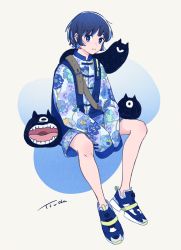 Rule 34 | 1girl, aqua flower, bad id, bad twitter id, bare legs, blue eyes, blue flower, blue footwear, blue hair, blue theme, expressionless, floral print, flower, highres, invisible chair, long sleeves, looking at viewer, monster, original, print shirt, shirt, short hair, signature, sitting, sleeves past fingers, sleeves past wrists, solo, yutsukidayo