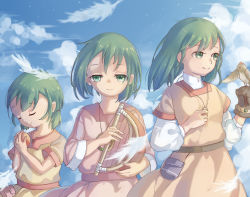 Rule 34 | 1girl, age progression, bird, bird on hand, bracelet, child, erin, closed eyes, feathers, food, fruit, green eyes, green hair, harp, highres, holding, holding food, holding fruit, instrument, jewelry, jianjianjiaodan, kemono no souja erin, looking at viewer, mittens, necklace, outdoors, pouch, short sleeves, skirt, smile, standing, white feathers, yellow skirt