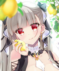 Rule 34 | 1girl, azur lane, bare shoulders, black dress, black ribbon, blurry, blurry foreground, breasts, cleavage, clothing cutout, dress, earrings, food, formidable (azur lane), fruit, grey hair, hair ribbon, highres, holding, holding food, holding fruit, jewelry, large breasts, lemon, looking at viewer, mitsukiriko, neckwear between breasts, red eyes, ribbon, shoulder cutout, smile, solo, twintails, two-tone ribbon, upper body, white neckwear, white ribbon