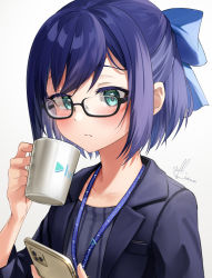 Rule 34 | 1girl, a-chan (hololive), absurdres, aqua eyes, black jacket, blouse, blue bow, blue hair, blue shirt, blush, bow, cellphone, closed mouth, commentary request, cup, glasses, hair bow, hands up, highres, holding, holding cup, holding phone, hololive, jacket, kito koruta, looking at viewer, open clothes, open jacket, phone, shirt, short hair, signature, simple background, smartphone, solo, upper body, virtual youtuber, white background