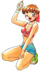 Rule 34 | 1girl, bandana, bare shoulders, blush, breasts, brown eyes, brown hair, capcom, cleavage, earrings, covered erect nipples, female focus, gym shorts, headband, jewelry, midriff, on one knee, open mouth, rebecca chambers, resident evil, short hair, shorts, solo, sports bra, spray can, sweat, sweatband, wink, wristband