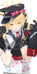 Rule 34 | 1girl, absurdres, asymmetrical sidelocks, black dress, black hat, black jacket, blonde hair, blue archive, book, bow, collared shirt, commentary, crayon, dice gt, drawing (object), dress, fang, frilled dress, frills, halo, hat, hat bow, highres, ibuki (blue archive), jacket, long sleeves, looking at viewer, neck ribbon, open clothes, open jacket, open mouth, peaked cap, pink bow, red ribbon, ribbon, shirt, side ponytail, sleeves past fingers, sleeves past wrists, smile, solo, symbol-only commentary, white shirt, yellow eyes, yellow halo