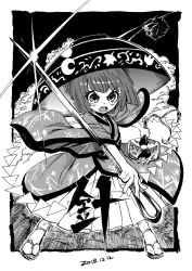 Rule 34 | 1girl, black background, blush, bowl, bowl hat, dated, determined, dot nose, dual wielding, fighting stance, greyscale, hat, heran hei mao, holding, japanese clothes, kimono, looking at viewer, mallet, miracle mallet, monochrome, needle, needle sword, open mouth, sandals, serious, sewing needle, short hair, skirt, socks, sparkle, sukuna shinmyoumaru, tabi, touhou, v-shaped eyebrows, waraji, wide sleeves