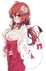 Rule 34 | 1girl, ahoge, alternate costume, blush, breasts, curled horns, demon girl, demon horns, demon tail, hair between eyes, hakama, hakama skirt, hands on own chest, highres, horns, japanese clothes, large breasts, long hair, long sleeves, looking at viewer, machikado mazoku, mel (melty pot), miko, nipples, open mouth, red hakama, see-through, simple background, skirt, solo, standing, tail, wet, wet clothes, white background, yoshida yuuko (machikado mazoku)