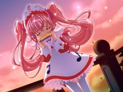 Rule 34 | 00s, child, dress, dutch angle, closed eyes, game cg, harmonica, ichigo (maids in dream), instrument, long hair, maid, maids in dream, non-web source, pantyhose, pink hair, skirt, solo, sugiyama genshou, sunset, twintails