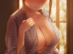 Rule 34 | 1girl, asaba0327, blush, breast focus, breasts, cleavage, close-up, commentary request, head out of frame, highres, indoors, japanese clothes, kimono, large breasts, no bra, nose blush, original, sidelocks, solo, sweat, sweatdrop, yukata