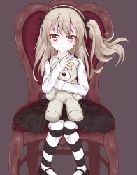 Rule 34 | 10s, 1girl, black dress, brown eyes, brown hair, chair, dress, girls und panzer, hairband, highres, hug, long hair, mary janes, one side up, ribbon, shimada arisu, shirt, shoes, side ponytail, sitting, solo, striped clothes, striped thighhighs, stuffed animal, stuffed toy, sumioo (sumikko no ousama), teddy bear, thighhighs
