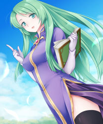 Rule 34 | 1girl, black thighhighs, blue sky, book, breasts, cecilia (fire emblem), collared dress, dress, elbow gloves, fire emblem, fire emblem: the binding blade, gloves, green eyes, green hair, ham pon, highres, holding, holding book, index finger raised, jewelry, large breasts, long hair, looking at viewer, nintendo, open book, open mouth, outdoors, purple dress, short sleeves, sky, smile, solo, thighhighs, very long hair, white gloves, zettai ryouiki