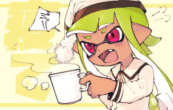 Rule 34 | 1girl, cup, dark-skinned female, dark skin, fang, hat, highres, holding, holding cup, inari1369, inkling, inkling girl, inkling player character, light green hair, long hair, long sleeves, mug, nightcap, nintendo, open mouth, pajamas, pink eyes, pointy ears, solo, speech bubble, splatoon (series), steam, suction cups, tentacle hair, upper body, white hat