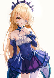 Rule 34 | 1girl, absurdres, bare shoulders, blonde hair, cowboy shot, detached sleeves, dress, eyepatch, fischl (ein immernachtstraum) (genshin impact), fischl (genshin impact), frilled dress, frilled sleeves, frills, genshin impact, hand up, highres, jewelry, juliet sleeves, long hair, long sleeves, looking at viewer, official alternate costume, pantyhose, puffy sleeves, purple dress, red eyes, ring, simple background, single leg pantyhose, solo, thighs, tiara, white background, white pantyhose, yeolyeo