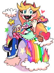 Rule 34 | 1girl, blonde hair, cloud, disney, fangs, gashi-gashi, guitar, hairband, heart, horns, instrument, juice box, rainbow, sitting, smile, star butterfly, star vs the forces of evil
