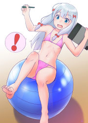 Rule 34 | !, 10s, 1girl, ball, bare legs, barefoot, bikini, blue eyes, bow, breasts, drawing tablet, eromanga sensei, exercise ball, feet, gradient background, hair bow, highres, izumi sagiri, leaning back, long hair, mu-pyon, navel, open mouth, outstretched arm, pink bikini, sidelocks, silver hair, simple background, small breasts, soles, solo, spoken exclamation mark, stylus, swimsuit, toes, wavy mouth
