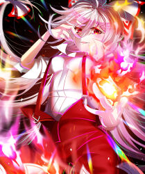 Rule 34 | 1girl, absurdres, black background, breasts, burning, collared shirt, commentary, dynamic pose, fire, fireball, fujiwara no mokou, hand on own face, highres, hime cut, huang j xuan, long hair, long sleeves, motion lines, ofuda, pants, red eyes, red pants, shirt, sleeves rolled up, small breasts, smirk, suspenders, touhou, touhou cannonball, unbuckled, very long hair, white hair, white shirt