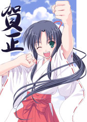 Rule 34 | 1girl, :d, arm up, black hair, bow, clenched hand, fangs, green eyes, hair ribbon, hakama, hakama skirt, japanese clothes, long hair, miko, one eye closed, open mouth, outdoors, red hakama, ribbon, skirt, sky, smile, solo, wink