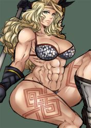 Rule 34 | 1girl, abs, amazon (dragon&#039;s crown), armlet, armor, axe, bikini, bikini armor, blonde hair, boots, breasts, circlet, dragon&#039;s crown, feathers, female focus, gloves, green eyes, hajime (block 69), large breasts, long hair, muscular, panties, solo, swimsuit, tattoo, thick thighs, thighs, thong, underwear, vanillaware, weapon