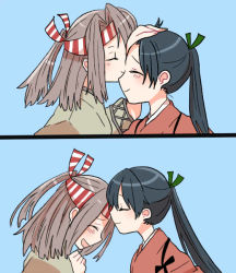 Rule 34 | 2girls, black hair, comic, closed eyes, hachimaki, hand on another&#039;s head, headband, high ponytail, houshou (kancolle), japanese clothes, kantai collection, light brown hair, multiple girls, open mouth, ponytail, remodel (kantai collection), smile, yoichi (umagoya), zuihou (kancolle)
