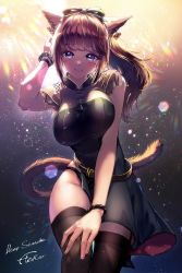 Rule 34 | 1girl, animal ears, warrior of light (ff14), belt, black thighhighs, blush, bow, bracelet, breasts, brown hair, cat ears, cat tail, commission, dress, earrings, facial mark, final fantasy, final fantasy xiv, fujiya takao, hair bow, highres, jewelry, large breasts, long hair, looking at viewer, miqo&#039;te, purple eyes, skeb commission, sleeveless, smile, solo, tail, thighhighs, whisker markings