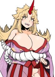 Rule 34 | 1girl, alternate costume, blonde hair, blush, breasts, breasts day, cleavage, clothes lift, commentary, cowboy shot, flipped hair, good breasts day, groin, highres, himajin noizu, horns, hoshiguma yuugi, hoshiguma yuugi (kimono), huge breasts, japanese clothes, kimono, kimono lift, long hair, looking at viewer, no panties, open mouth, parted bangs, purple kimono, red horns, sidelocks, simple background, single horn, smile, solo, star (symbol), touhou, white background, yellow eyes