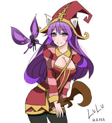 Rule 34 | 1girl, animal ears, artist name, bad id, bad pixiv id, blush, breasts, cat ears, character name, cleavage, fairy, hat, highres, large breasts, league of legends, long hair, lulu (league of legends), multicolored stripes, aged up, pantyhose, pix (league of legends), purple eyes, purple hair, sheam09, smile, staff, strap, striped, wings