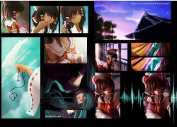 Rule 34 | 2girls, bow, brown hair, building, crossover, detached sleeves, die letzte (tc), digital media player, female focus, hair bow, hakurei reimu, hatsune miku, japanese clothes, long sleeves, miko, morning, multiple girls, outdoors, porch, ribbon-trimmed sleeves, ribbon trim, short hair, shrine, sunrise, touhou, upper body, vocaloid