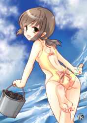 Rule 34 | 10s, 1girl, ass, barefoot, black hair, brown eyes, bucket, casual one-piece swimsuit, chize, clam, from behind, fubuki (kancolle), kantai collection, one-piece swimsuit, short hair, solo, swimsuit, water