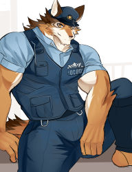 Rule 34 | 1boy, absurdres, animal ears, ao (chung0u0), bara, barrel (live a hero), beige fur, brown fur, bulge, dog boy, dog ears, dog tail, foot out of frame, furry, furry male, hat, highres, live a hero, looking at viewer, male focus, muscular, muscular male, orange fur, paid reward available, pectorals, police, police hat, police uniform, paid reward available, sitting, solo, spread legs, tail, uniform