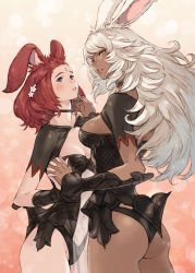 Rule 34 | 2girls, animal ears, armor, armored leotard, ass, big hair, black armor, black leotard, blue eyes, blush, breasts, choker, cleavage, clothing cutout, commentary request, cowboy shot, dark-skinned female, dark skin, final fantasy, final fantasy xiv, fingernails, floppy ears, flower, forehead, forehead jewel, gem, gradient background, groin, hair flower, hair ornament, hand on another&#039;s chin, hand up, highres, holding hands, jewelry, leotard, long fingernails, long hair, looking at viewer, looking back, makimura shunsuke, medium breasts, medium hair, messy hair, multiple girls, navel, orange background, parted lips, rabbit ears, red hair, revealing clothes, see-through, short sleeves, shrug (clothing), small breasts, standing, stomach cutout, swept bangs, vambraces, viera, warrior of light (ff14), white hair, yellow eyes, yuri
