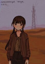 Rule 34 | 1girl, black pants, blunt bangs, blush, bomber jacket, brown eyes, brown hair, brown jacket, brown shirt, cloud, cloudy sky, collared shirt, dated, desert, dusk, floral print, haze, high-waist pants, io (onisarashi), jacket, leather, leather jacket, long hair, mountain, open clothes, open jacket, original, pants, power lines, rural, russian text, shirt, sky, solo, transmission tower, twintails, worried