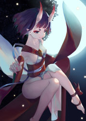 Rule 34 | 1girl, absurdres, alternate costume, ankle ribbon, armpits, bob cut, breasts, fate/grand order, fate (series), highres, horns, japanese clothes, kimono, leg ribbon, looking at viewer, nekobell, oni, open clothes, purple eyes, purple hair, ribbon, short hair, shuten douji (fate), skin-covered horns