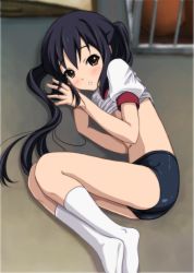 Rule 34 | 1girl, black hair, blush, breasts, brown eyes, buruma, clothes lift, female focus, fetal position, gym uniform, highres, k-on!, kneehighs, long hair, looking at viewer, lying, nakano azusa, navel, no shoes, on side, petite, ryunnu, shirt lift, small breasts, socks, solo, twintails, white socks