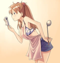 Rule 34 | 00s, 1girl, apron, bent over, blush, bowieknife, bra, brown hair, hand on own hip, hip focus, ladle, leaning forward, lingerie, long hair, neon genesis evangelion, notebook, notepad, rebuild of evangelion, shorts, solo, souryuu asuka langley, twintails, two side up, underwear
