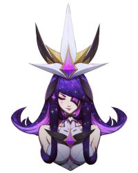 Rule 34 | 1girl, bare shoulders, breasts, cropped torso, eyelashes, eyepatch, closed eyes, facial mark, hair ornament, highres, league of legends, lipstick, long hair, magical girl, makeup, mascara, purple lips, simple background, smile, smirk, sparkle, star guardian (league of legends), star guardian syndra, steve zheng, syndra, upper body, white background