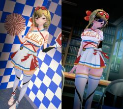 Rule 34 | 1girl, 3d, alternate costume, artist request, blonde hair, blush, book, breasts, cheerleader, day, detached sleeves, english text, highres, hololive, hololive indonesia, kaela kovalskia, large breasts, library, night, pom pom (cheerleading), red eyes, shoes, skirt, smile, sneakers, virtual youtuber, window