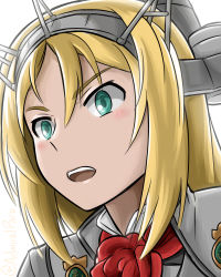 Rule 34 | 1girl, admiral paru, blonde hair, blue eyes, blush, brooch, close-up, headband, highres, jewelry, kantai collection, nelson (kancolle), open mouth, white background, white uniform