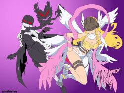 Rule 34 | absurdres, angel, angel girl, angewomon, demon, demon girl, digimon, digimon (creature), fallen angel, head wings, highres, ladydevimon, long hair, mask, wings