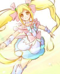Rule 34 | 1girl, arakawa tarou, blonde hair, blush, boots, bow, choker, cure echo, dress, earrings, eyelashes, happy, highres, jewelry, long hair, looking at viewer, magical girl, pink bow, precure, precure all stars new stage: mirai no tomodachi, sakagami ayumi, smile, solo, standing, twintails, very long hair, waist bow, white choker, white footwear, wrist cuffs, yellow eyes