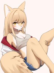 Rule 34 | 1girl, animal ear fluff, animal ears, animal nose, blonde hair, blush, body fur, bra, breasts, closed mouth, fox ears, fox girl, fox tail, furry, furry female, grey bra, highres, jacket, jeifier (korfiorano01), large breasts, long hair, looking at viewer, multicolored clothes, multicolored jacket, original, shorts, simple background, snout, solo, tail, two-tone fur, two-tone jacket, underwear, white fur, white jacket, yellow eyes, yellow fur