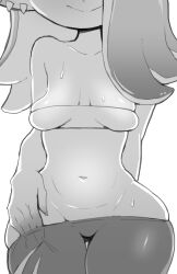 1girl breasts collarbone greyscale groin hair_over_one_eye hand_in_pants head_out_of_frame inarou_(rakugakiproject) long_hair medium_breasts midriff monochrome navel nintendo pants shiver_(splatoon) smile solo splatoon_(series) splatoon_3 strapless sweat tentacle_hair thick_thighs thigh_gap thighs torn_clothes torn_pants tube_top wide_hips