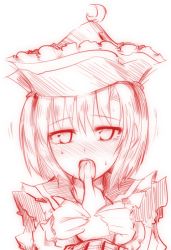 Rule 34 | 1girl, blush, crescent, female focus, hat, kazetto, licking, lunasa prismriver, monochrome, saliva, short hair, sketch, solo, sweat, tongue, tongue out, touhou